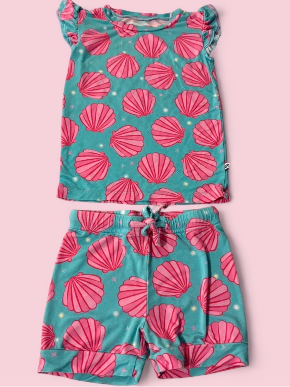 Bums & Roses “Talk to the Shell” Teal & Pink Girls Bamboo Pajama Set | Size 2T